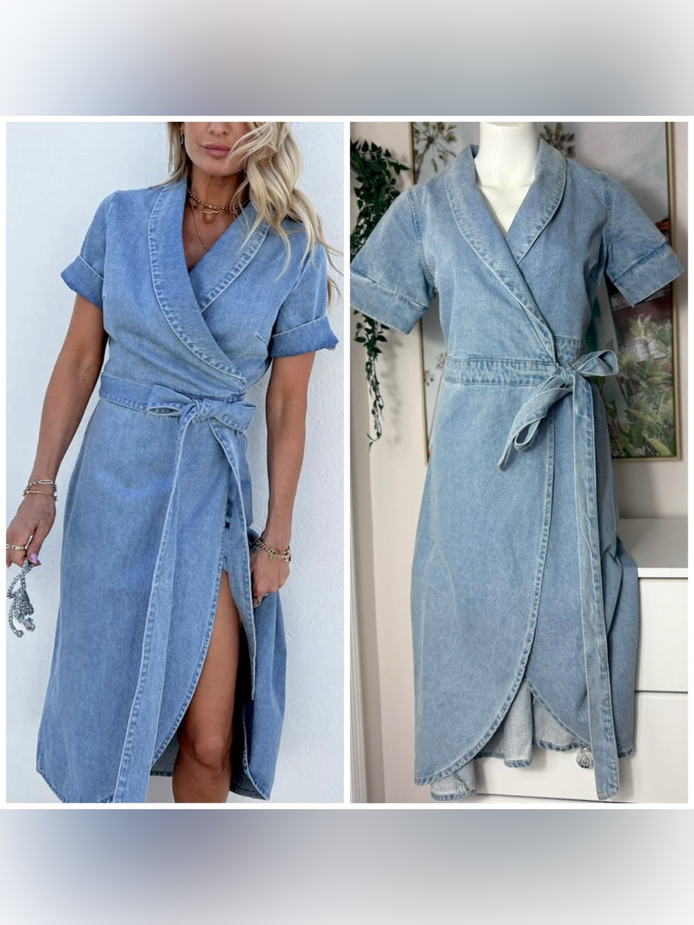 Never Fully Dressed Light Wash Blue Denim Wrap Midi Dress Size 2 XS Short Sleeve
